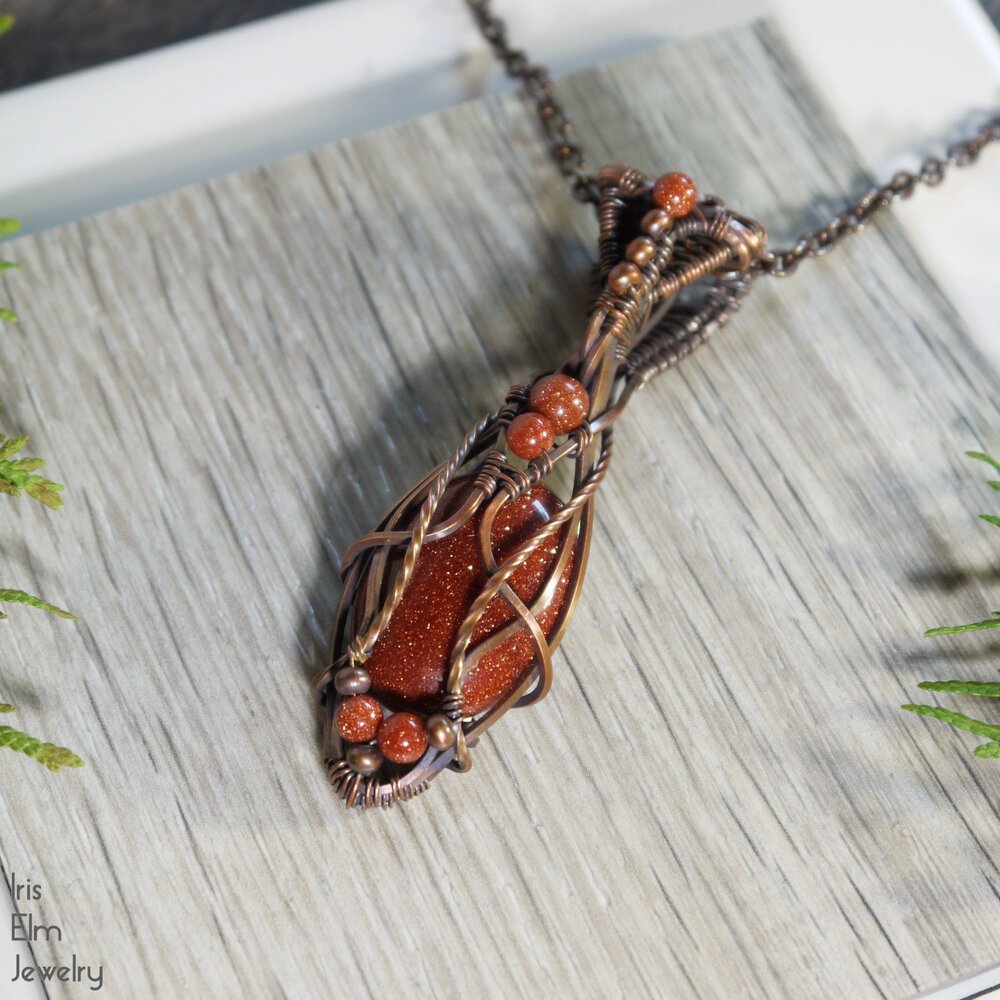 Elven Brown Goldstone Wire Wrapped Copper Necklace - Iris Elm Jewelry & Soap